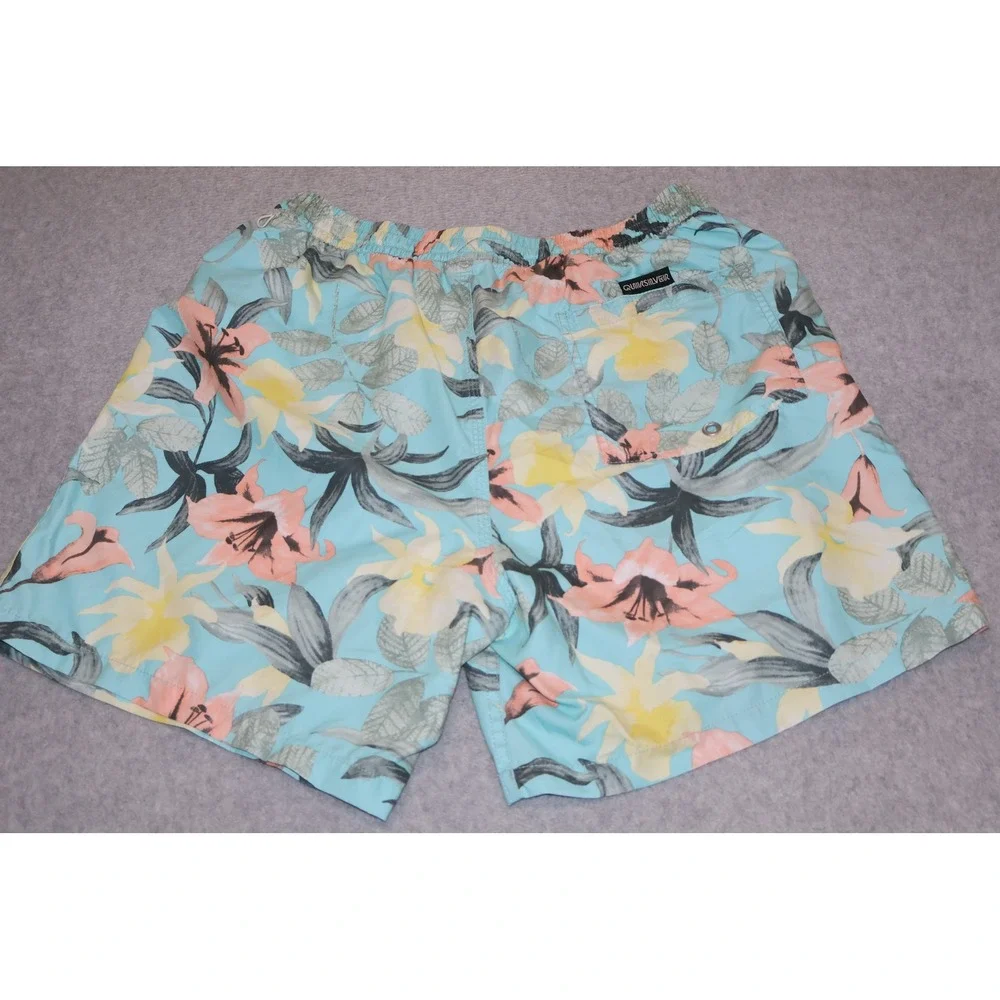 Quiksilver Swim Trunks Mens XL Blue Floral Board Shorts Drawstring 7
